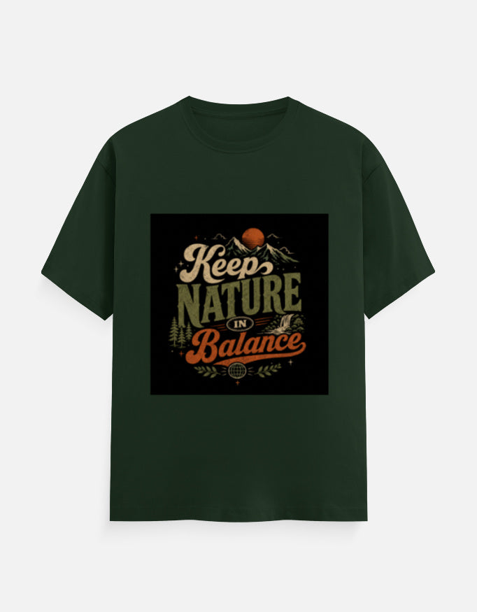 Dark green crew-neck T-shirt with 'Keep Nature Balance' nature logo print