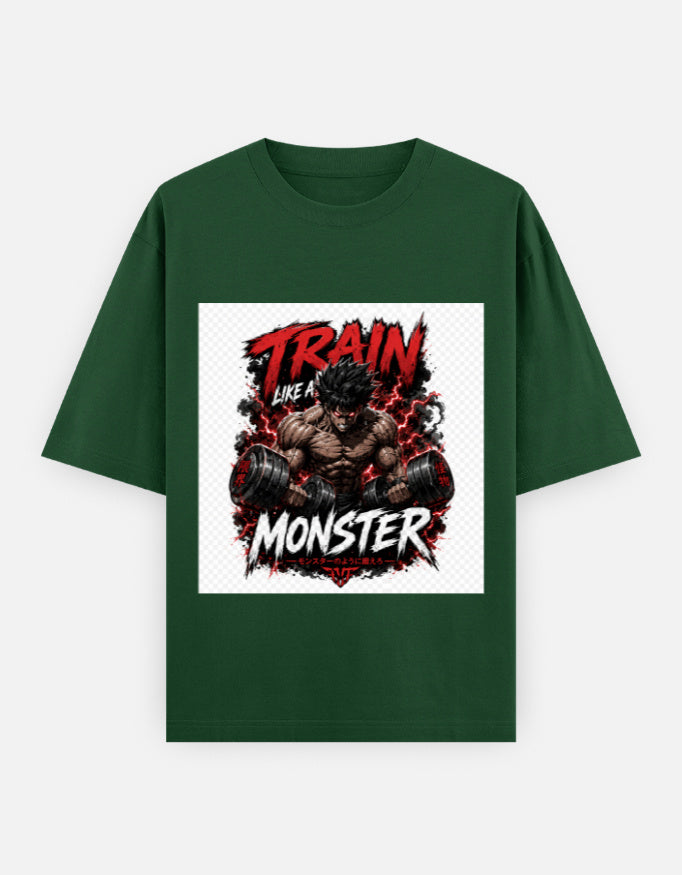 Oversized classic tee in bottle green with front graphic of a monster and train flames.