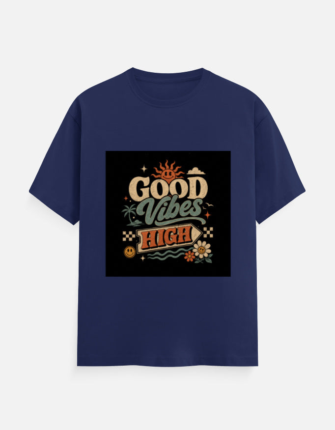 Royal blue crew neck T-shirt with "Good Vibes High" graphic print on chest