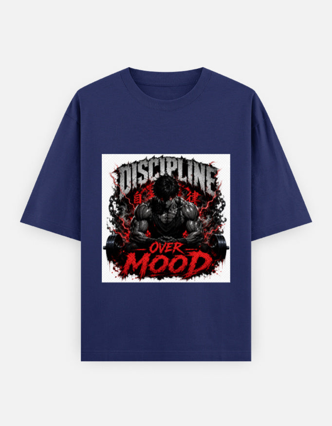 Oversized crewneck graphic tee, royal blue with red and black "Discipline Over Mood" print