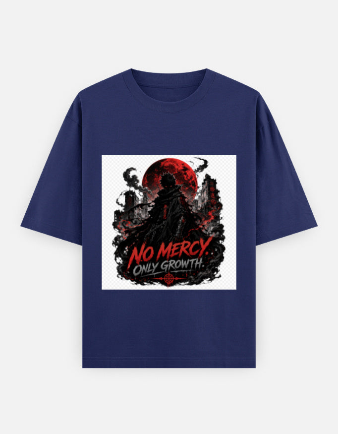 Oversized crew-neck tee, royal blue, front “NO MERCY” graphic with red moon and skull