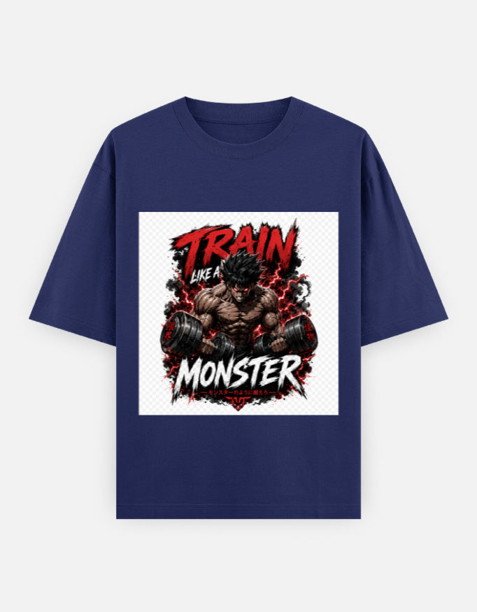 Oversized classic tee in royal blue with front graphic of a monster and train flames.