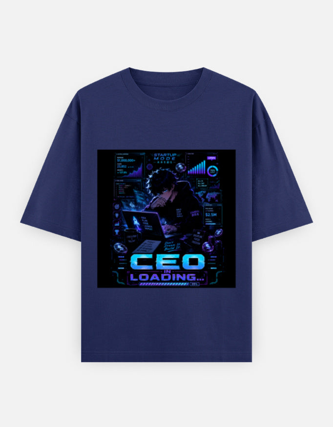 Royal blue crew-neck t-shirt with blue CEO loading graphic print on chest