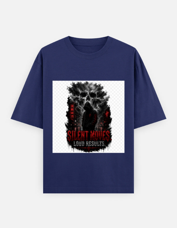 Royal blue oversized crewneck tee with front graphic print, short sleeves