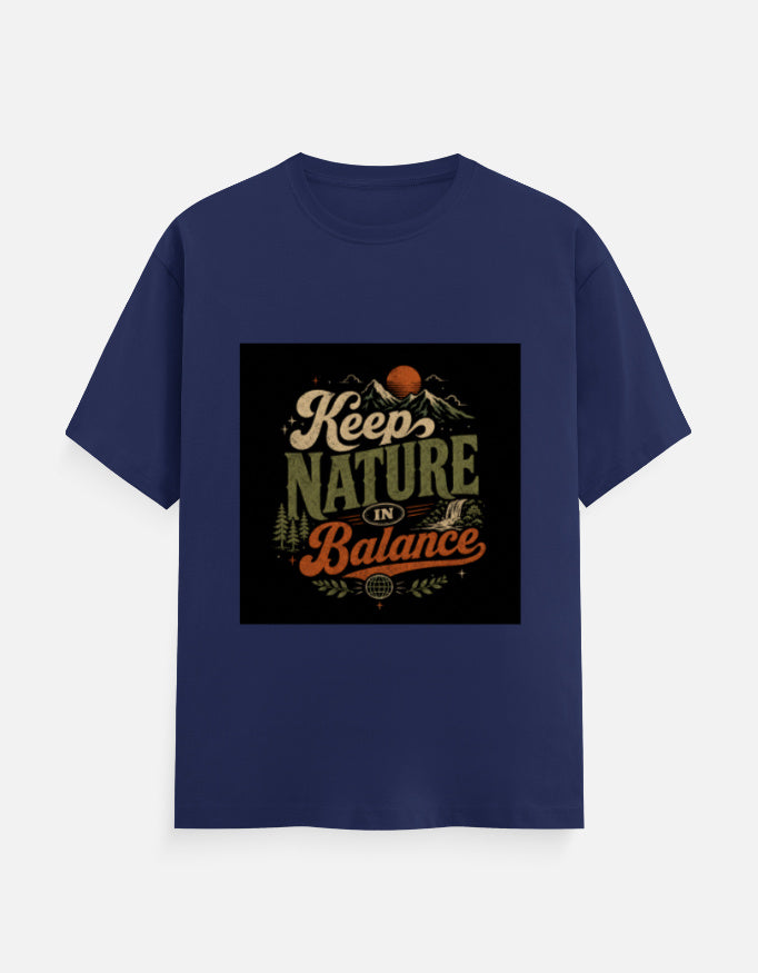 Blue crew neck T-shirt with "Keep Nature Balance" graphic print