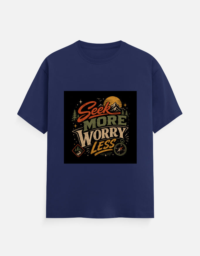 Royal blue crew-neck T-shirt with square 'Seek more worry less' graphic